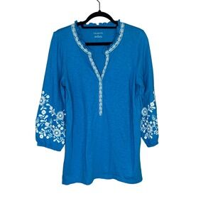 Talbots Women Blue Embroidered Ruffled Neck‎ 3/4 Sleeve Cotton Top Shirt M